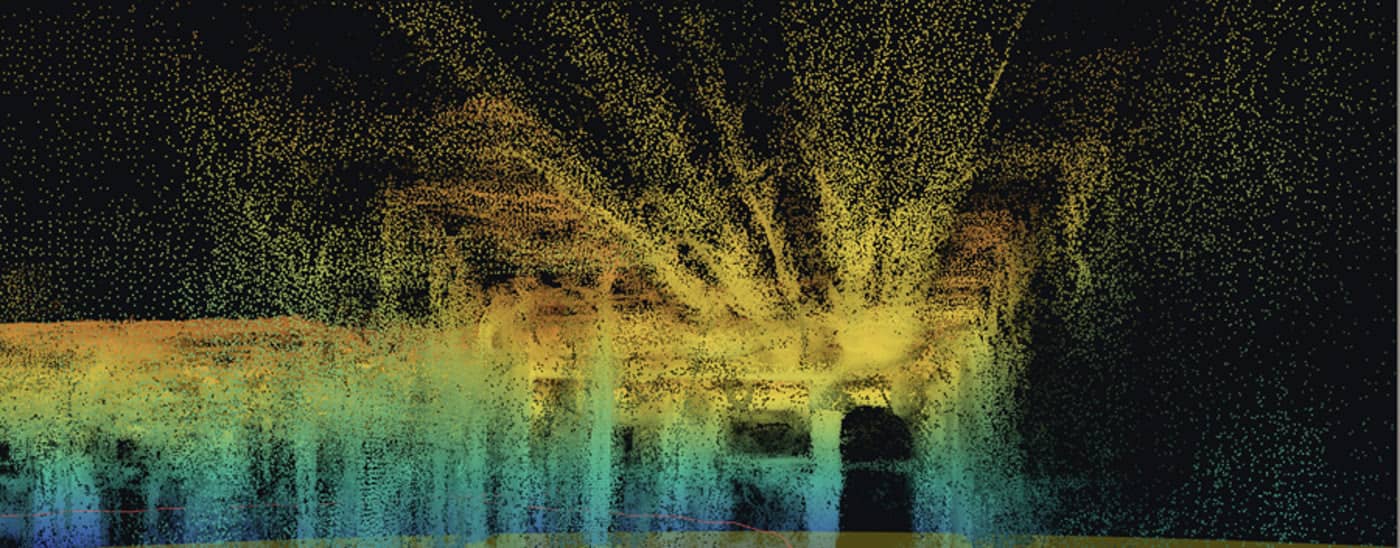 A dense point cloud reconstructed from 360° video of a building under construction